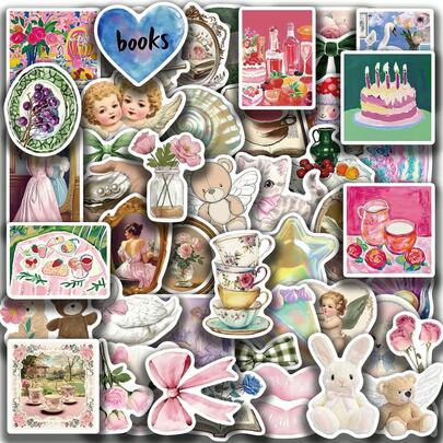 50 piezas Pegatinas estéticas de color rosa misterioso, pegatinas decorativas de alta apariencia de dibujos animados | Para teléfonos, portátiles, botellas de agua, scooters, guitarras, equipaje y talla grande