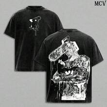 Chainsaw Denji Tee – Vintage Washed Heavy Cotton Oversized T-Shirt, Double Printed Anime Manga Graphic Top, Retro Unisex Streetwear For Anime Fans, Movie Inspired Edition, Anime Shirt, Mens Clothes, Mens T Shirts, Y2k Clothes - 黑色 - 查看 1
