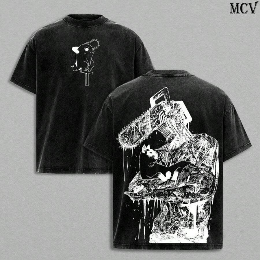 Chainsaw Denji Tee – Vintage Washed Heavy Cotton Oversized T-Shirt, Double Printed Anime Manga Graphic Top, Retro Unisex Streetwear For Anime Fans, Movie Inspired Edition, Anime Shirt, Mens Clothes, Mens T Shirts, Y2k Clothes - 黑色 - 查看 1