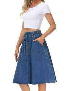 休闲优雅女士长款牛仔裙，A字版型，带抽绳和方便口袋 - 深色水洗藍 - 查看 1