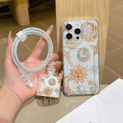 6-In-1 Set: Transparent Solar System Phone Case + Charger Head Cover + Cable Protector + Storage Cord + Data Cable Winding Cord, TPU Shockproof Protective Case For Apple Phones