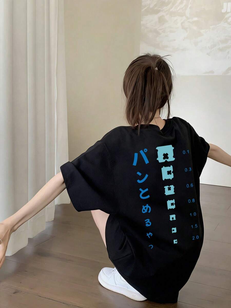 Women's Casual Loose Fit Round Neck Japanese Cartoon Print Short Sleeve T-Shirt, Spring/Summer Black - Black - View 1