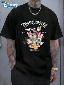 Genuine Disney Has Authorized, Founded In 1971, The Florida Disney World And The Role Pattern Printing-Men's Short-Sleeved Cotton T-Shirt, Round Neck Design, Machine Washable, Comfortable And Casual Wear, Men's T-Shirt. - 黑色 - 查看 1