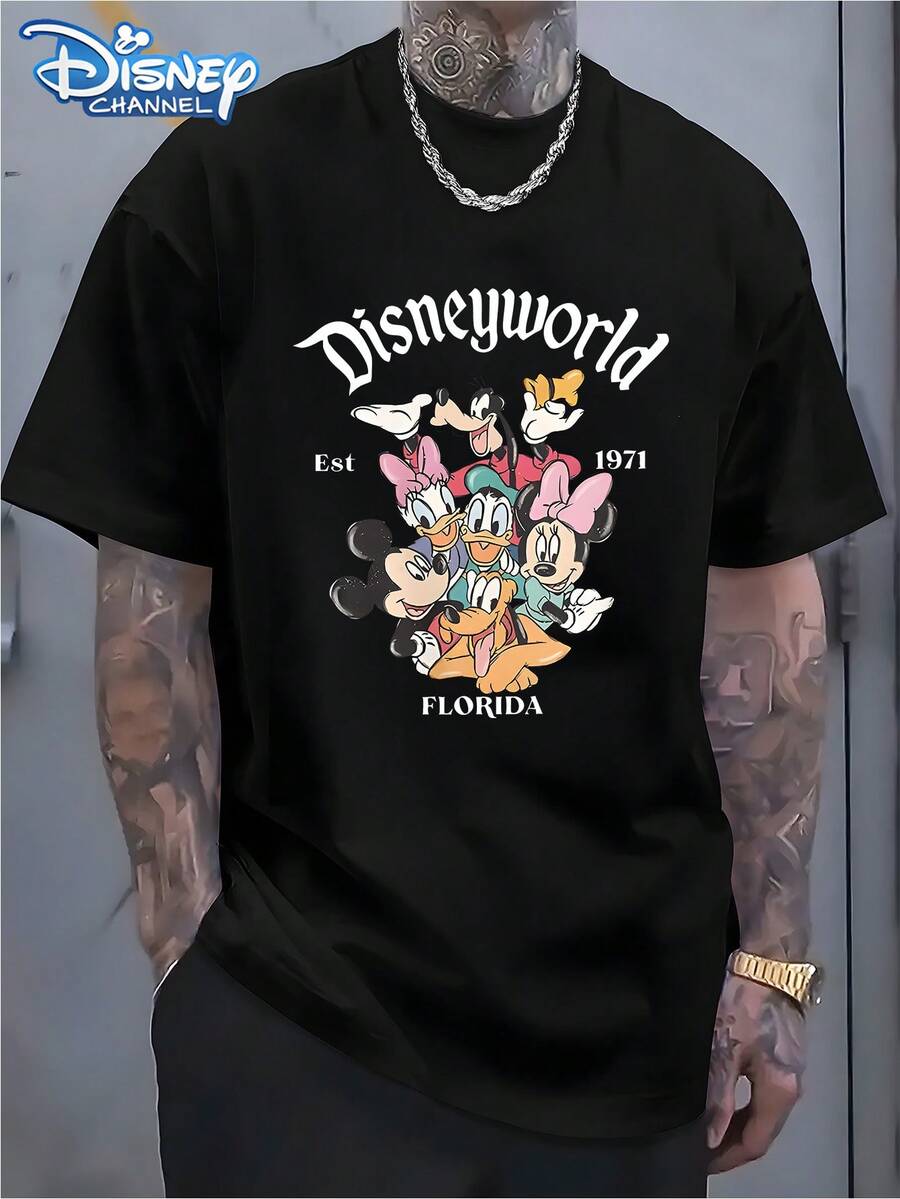 Genuine Disney Has Authorized, Founded In 1971, The Florida Disney World And The Role Pattern Printing-Men's Short-Sleeved Cotton T-Shirt, Round Neck Design, Machine Washable, Comfortable And Casual Wear, Men's T-Shirt. - 黑色 - 查看 1