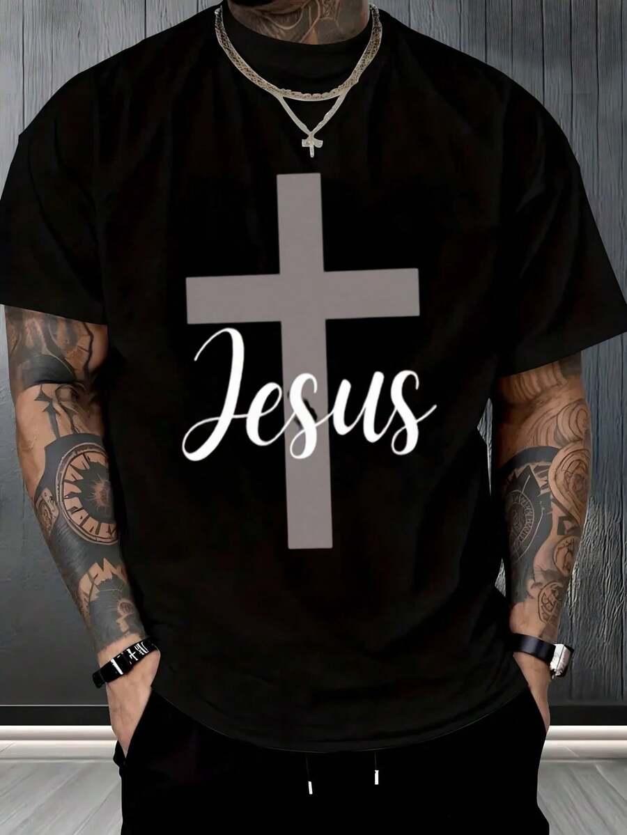 Cruz elegante, letra cursiva, estilo sobrio, hombres cristianos, regalo evangélico, uso casual, ,playera de hombre,ropa de hombre,tops,regalos para hombre,nacional envio,oversize hombre. - Negro - Ver 1