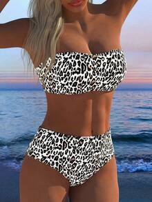 Bikini de 2 piezas con estampado de leopardo y parte superior tipo bandeau de talle alto, estilo europeo y americano - Multicolor - Ver 3