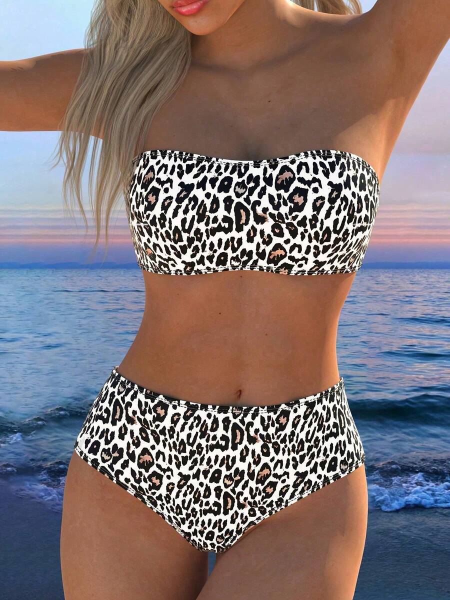 Bikini de 2 piezas con estampado de leopardo y parte superior tipo bandeau de talle alto, estilo europeo y americano - Multicolor - Ver 1