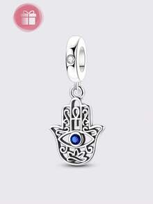Silver Chams Hamsa Hand Evil Eye Pendant Cut-Out Pattern Showcasing The Classic Hand Shape Blue Cubic Zirconia Stone In The Center - Silver - View 8