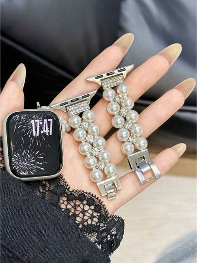 Band Suitable Compatible With Apple Watch 9 Ultra, Mother-Of-Faux Pearl Beaded Bracelet, 41mm Band, Creative Design