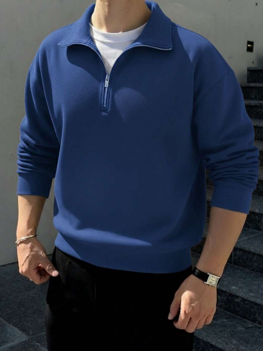 1pc Men's Loose Fit Half-Zip Collar Lightweight Solid Color Sweatshirt