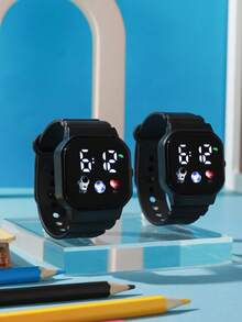2pcs/Set Kids' Square Football & Heart Shaped Digital LED Wrist Watch, Affordable Price, Suitable For Students, Fashionable Electronic Watch For Daily Life, School, Party, Travel, Also A Perfect Birthday Gift For Boys And Girls - Black - View 4