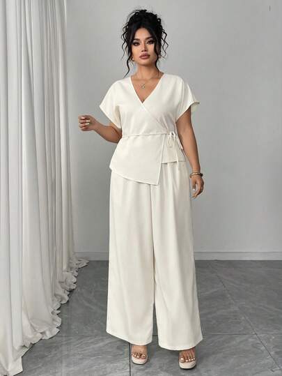 PARARAL Large Size Women's Spring And Summer Fashion, Elegant, Simple, Solid Color, Overlapping V-Neck Batwing Short-Sleeve Top And Pants, Casual Two Pieces Set, Women's Summer Casual Wear, Women's Elegant Set, Women's Travel/Vacation Clothing