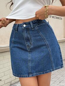 Women's High Waist Non-Stretch A-Line Denim Mini Skirt, Casual Versatile Daily Wear - Blue - View 2