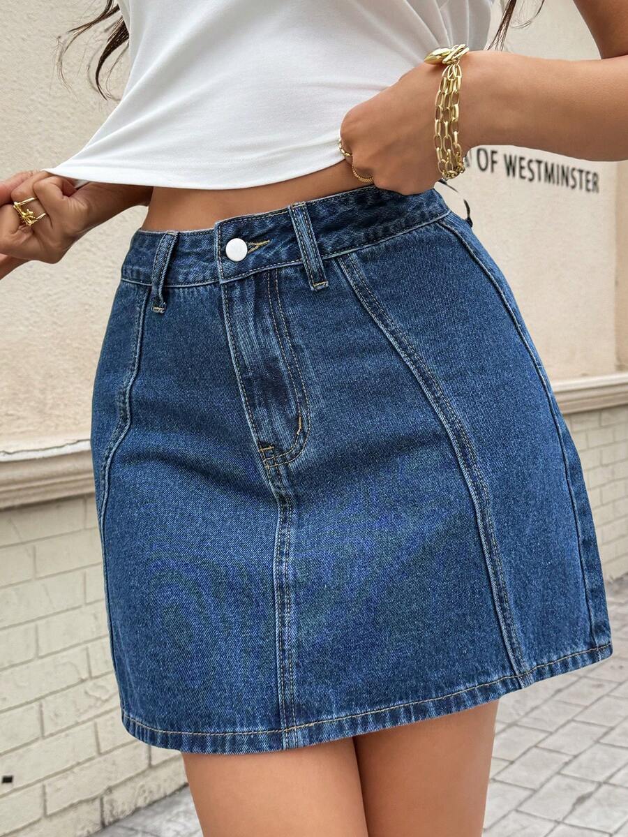Women's High Waist Non-Stretch A-Line Denim Mini Skirt, Casual Versatile Daily Wear - Blue - View 1