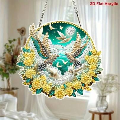 2D Acrylic Diamond Painting Kit, Charming Bird & Floral Pendant, Sparkling Home Decor DIY Wall Art Craft, Holiday Creative Gift, Indoor/Outdoor Multipurpose Hanging Decoration, Perfect For Wedding, Birthday, Housewarming Celebration, Flat Design, No Electricity Required