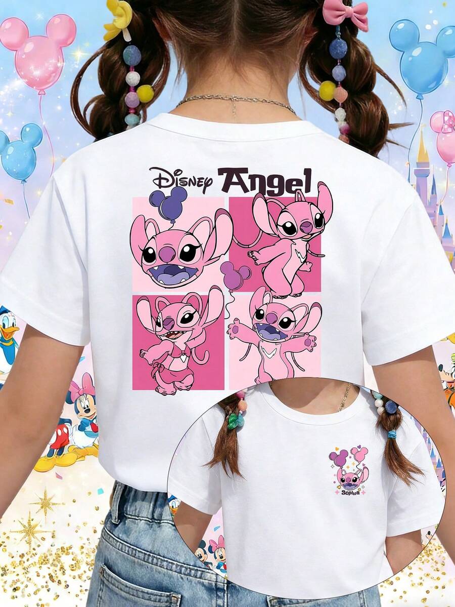 Disney Lilo & Stitch Angel Pink Character Panels Cute Heart & Balloon Printed Pattern T-Shirts For Girls - Children's Clothing Design Short-Sleeved Casual And Cute Style Comfortable And Casual Wear All Year Round Suitable For Parties And Play Machine Washable Gift Children's Clothing Girls' Short-Sleeved Shirts - 白色 - 查看 1