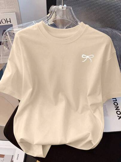 加大码杏色圆领短袖女式时尚T恤 - 柔软透气，适合春夏穿着，休闲、度假、日常穿着 - 加大码女式常规印花T恤