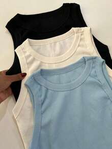 Women's Plain Basic Ribbed Cotton Tank Top, American Style, Summer Blogger Style, Cotton - Màu xanh nhạt trơn - Xem 2
