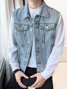 Men's Denim Sleeveless Jacket Casual Trucker Vest, Light Color, Street Style, Suitable For Spring/Autumn - Light Wash - View 4