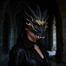 Trending Atmosphere: Halloween Black Gold Dragon Mask, Majestic Dragon Head Mask, Escape Room Party Prop, Cosplay Accessory, Luxurious Full Face Mask, PU Material Dragon Mask - Multicolor - View 5
