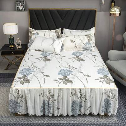 Juego de ropa de cama suave y amigable con la piel, estilo coreano de una sola capa con volantes florales, edredón estampado de franela gruesa, adecuado para el hogar, dormitorio, sala de estar, dormitorio estudiantil, lavable a máquina
