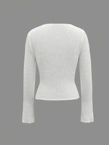 Women's New Style White Large Crew Neck Long Sleeve Hollow Slim-Fit Pullover Sweater, Casual Fashionable Sexy Elegant Minimalist Basic Vacation Party Beach Valentine's Day Going Out Knit Top, Spring And Summer - White - View 8