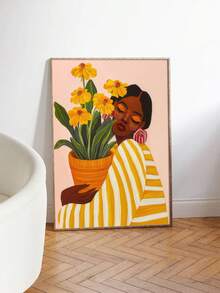 1pc Frameless Modern Floral Portrait Wall Art Decor Canvas Painting, Vibrant Female Figure With Yellow Flowers, Contemporary Home Decor - Figure - View 3