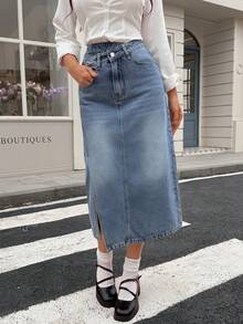 Chân váy denim nữ có thiết kế cạp chun và xẻ tà bên hông, thời trang thường ngày, đa năng. - Rửa trung bình - Xem 3