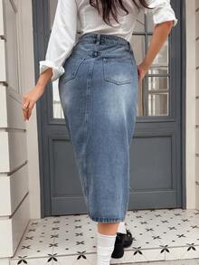 Chân váy denim nữ có thiết kế cạp chun và xẻ tà bên hông, thời trang thường ngày, đa năng. - Rửa trung bình - Xem 2