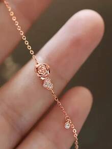 1 Peça Pulseira de Flor de Rosa Doce e Fofa em Prata 925, Colar Pendente Floral Adorável, Presente de Aniversário para Melhor Amiga, Lembrança Atenciosa para Festa - Rosa - Visão 4