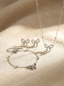 Set de 2 piezas/3 piezas/4 piezas de collar con colgante de lazo elegante de plata, pulsera con decoración de lazo, aretes de lazo, conjunto de joyería para fiestas y eventos - Plateado - Ver 4