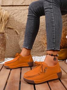 Women's Slip-On Loafer Shoes, Round Toe Mokassin Boat Shoes, Flat-Bottom Casual Walking Shoes, Suitable For Daily, Office, And Semi-Formal Occasions. - 橘色 - 查看 3