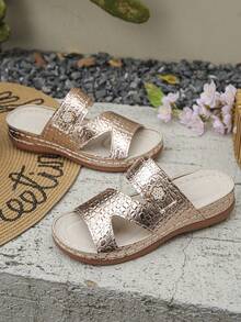 Plus Size Women's Summer New Fashion Casual Wine Red & Black Patchwork Round Toe Platform Thick Bottom Slip-On Sandals, Comfortable Daily/Beach Wear - Pink Crocodile Pattern - View 7