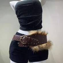 1pc Y2K Hot Girl Style Women's Belt, Retro Punk Wide Waist Cinch With Red Rivets & Fur Ball, Versatile Slimming Stylish Accessory For Jeans - 白色3 - 查看 1
