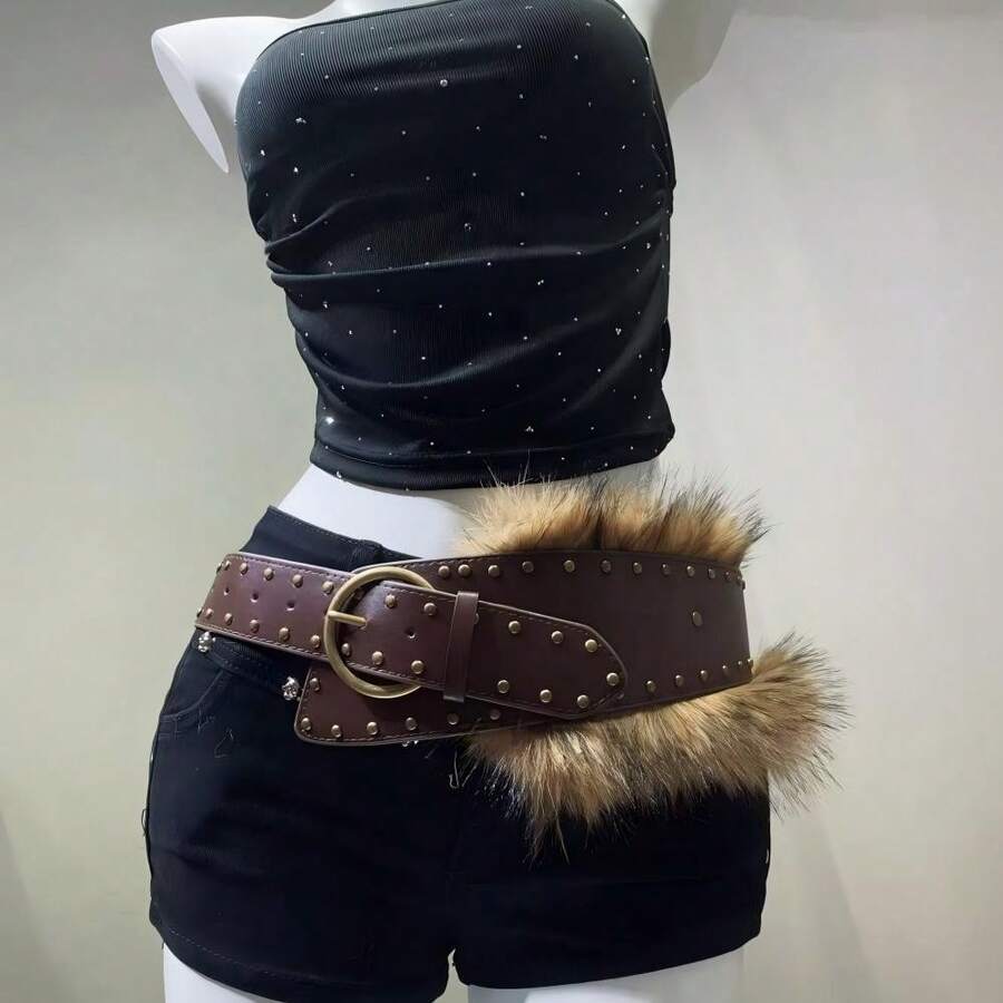 1pc Y2K Hot Girl Style Women's Belt, Retro Punk Wide Waist Cinch With Red Rivets & Fur Ball, Versatile Slimming Stylish Accessory For Jeans - 白色3 - 查看 1