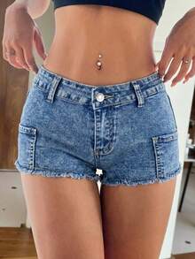 女士休闲牛仔迷你短裤，毛边直筒设计，中等弹力面料 - 藍色 - 查看 4