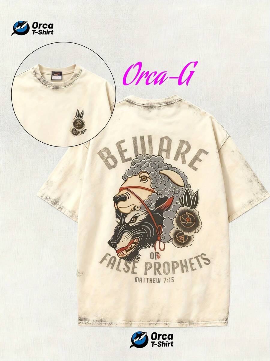 2026 Men's Washed Vintage Pure Cotton Short Sleeve T-Shirt, American Retro Loose Fit, High Street Cool Style Basic Tee For Men, High-Quality Wax Printed Cotton Retro Fashion Brand T-Shirt, Men's T-Shirt, Beach Must-Have, Men's Summer T-Shirt, Holiday Gift, Perfect Gift, Valentine's Day Gift - 杏色 - 查看 1