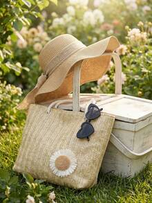 Beach Woven Tote Bag Set With Heart-Shaped Fashion Glasses And Bow Grass Hat, Casual Large Capacity Shoulder Bag, Boho Chic Hand Woven Handbag, Equipped With Summer Sun Protection Beach Brim Hat, Travel Sun Protection Wave Hat, Heart-Shaped Women's Fashion Glasses, Slimming Sun Loving Fashion Glasses, Suitable For Beach Vacations, Travel Essentials, And Returning To School - Multicolor - View 3