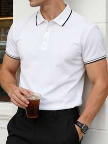 Camisa polo de manga corta casual de verano para hombre con cuello y botones de contraste, adecuada para golf y deportes, camisa polo blanca - Blanco - Ver 3