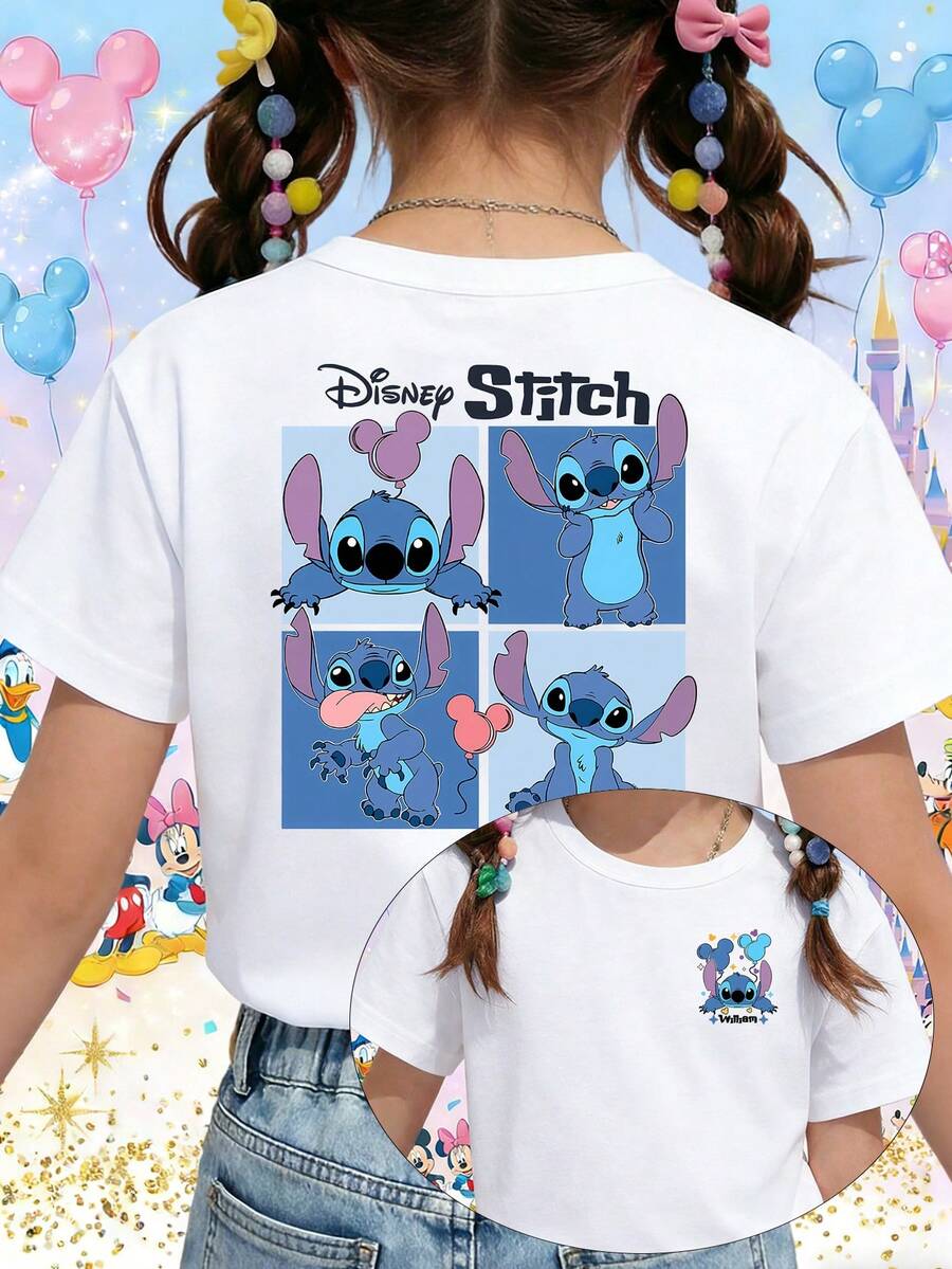 Disney Lilo & Stitch Cute Expressions 4-Panel Grid Funny Cartoon Printed Pattern T-Shirts For Girls - Children's Clothing Design Short-Sleeved Casual And Cute Style Comfortable And Casual Wear All Year Round Suitable For Parties And Play Machine Washable Gift Children's Clothing Girls' Short-Sleeved Shirts - 白色 - 查看 1
