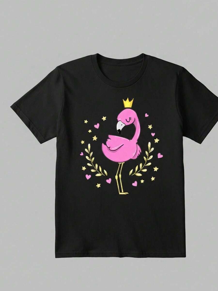 Stylish Women's T-Shirt With Flamingo And Crown Print - New Release - 100% Cotton T-Shirt - Loose, Oversized, Plus Size - GM MODAS - 黑色 - 查看 1
