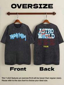Unisex Vintage Washed Loose Black T-Shirt Short-Sleeve Top, Unisex Astro World Tour Themed Printed Shirt, 100% Cotton Oversized Hip-Hop Washed Tee,  Pattern Short-Sleeve Gift Style "Mom I Can Fly" K39, Men's Shirts, Men's Clothing, Summer Outfits, Summer Tops, Graphic Tee, St. Patrick's Day Outfit, Easter Outfits, Spring Clothing - 黑色 - 查看 4