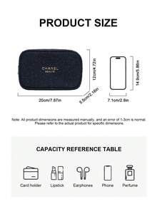 CHANEL Túi đựng mỹ phẩm bằng nỉ len màu xanh hải quân với logo vàng và khóa kéo hình hoa trà, túi đựng mỹ phẩm cao cấp. - Màu xanh hải quân - Xem 6