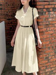 French Style Retro Lapel Single-Breasted Waisted Simple Shirt Dress, Summer Elegant - Apricot - View 5