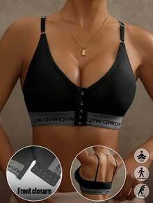 Runway Rest 1pc Women's Sports Yoga Letter Print Seamless Wireless Adjustable Strap Sexy Open Back Bra - Black - View 2