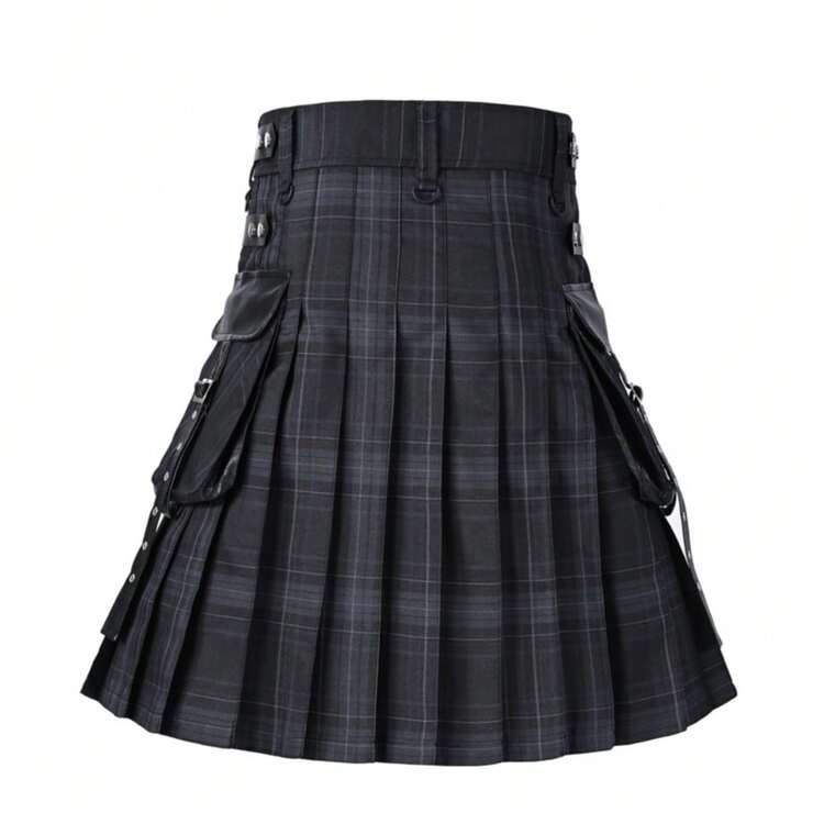 New Arrival European And American Popular Scottish Pleated Kilt, Oversized Half Leather Pocket Plaid Design, Gray Plaid, Suitable For Traditional Festivals, Casual Wear, Parties, Weddings, Halloween, Highland Games - Grey - View 3