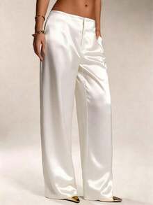 Women's Satin Silk Solid Color Pants With Pockets And Zipper, Suitable For Vacation, Office, Brunch, Airport , All Seasons - 白色 - 查看 3