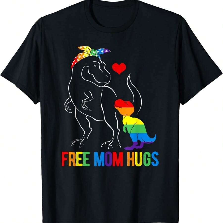 LGBT Free Mom Hugs Dinosaur Rex Mamasaurus Ally Rainbow Flag T-Shirt - 黑色 - 查看 1