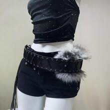 1pc Y2K Hot Girl Style Women's Belt, Retro Punk Wide Waist Cinch With Red Rivets & Fur Ball, Versatile Slimming Stylish Accessory For Jeans - 白色3 - 查看 11