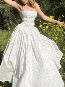 Vintage Sweetheart Floral Halter Dress Vacation Long Dress - trắng - Xem 5